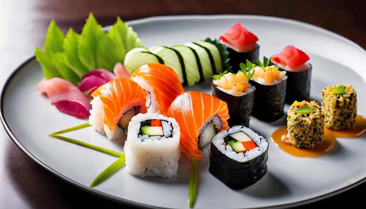 Various types of sushi arranged beautifully on a plate
