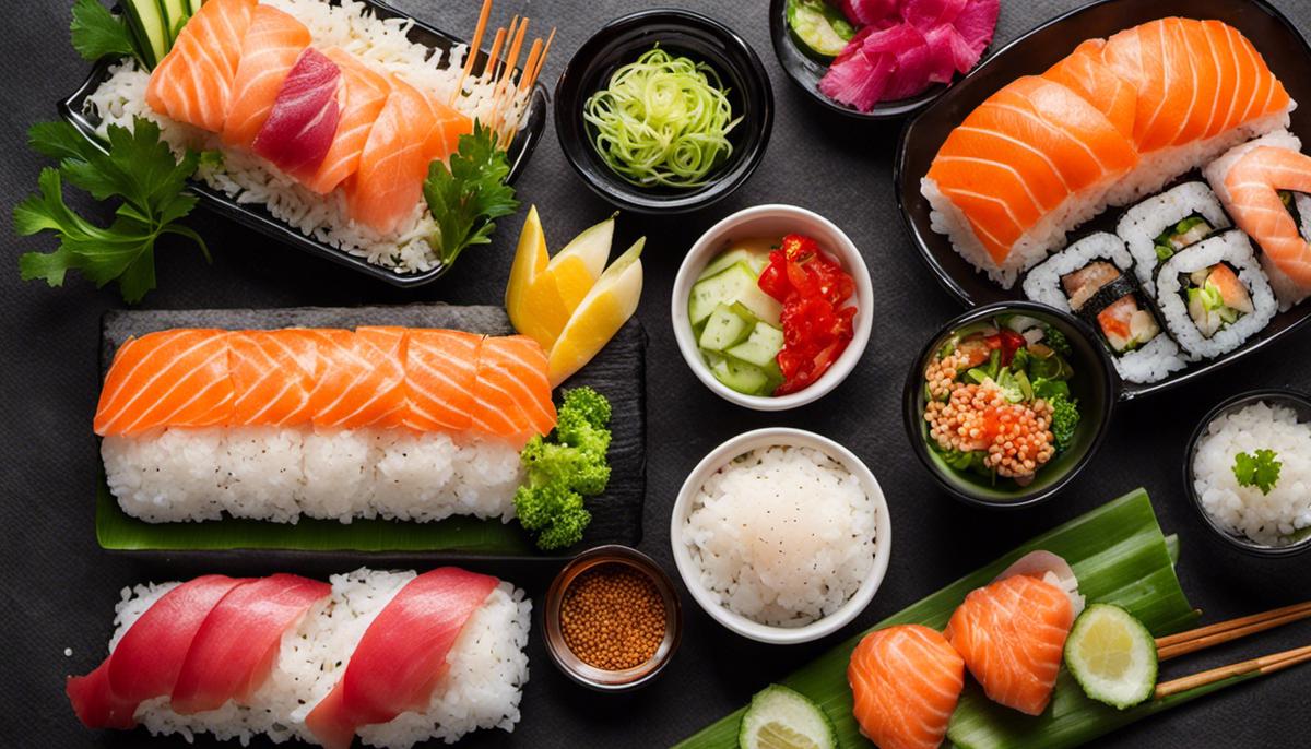 Una imagen de varios ingredientes del sushi, como pescado, arroz y verduras, que muestra la variedad y frescura de los ingredientes utilizados en el sushi.
