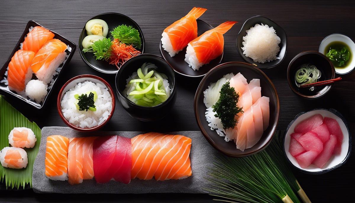 Varios ingredientes para hacer sushi, que incluyen pescado fresco, arroz, wasabi, nori y jengibre en escabeche.