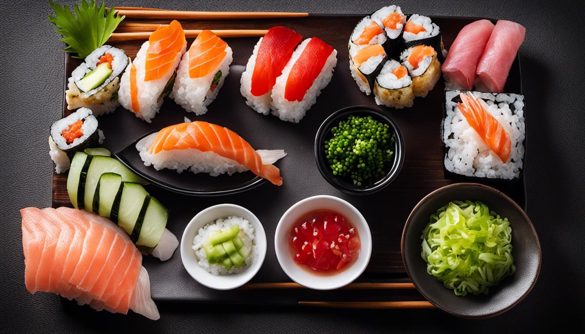 Una foto de varios ingredientes de sushi cuidadosamente dispuestos en un plato, que incluye arroz de sushi, rodajas de pescado fresco, wasabi, salsa de soja y jengibre en escabeche.