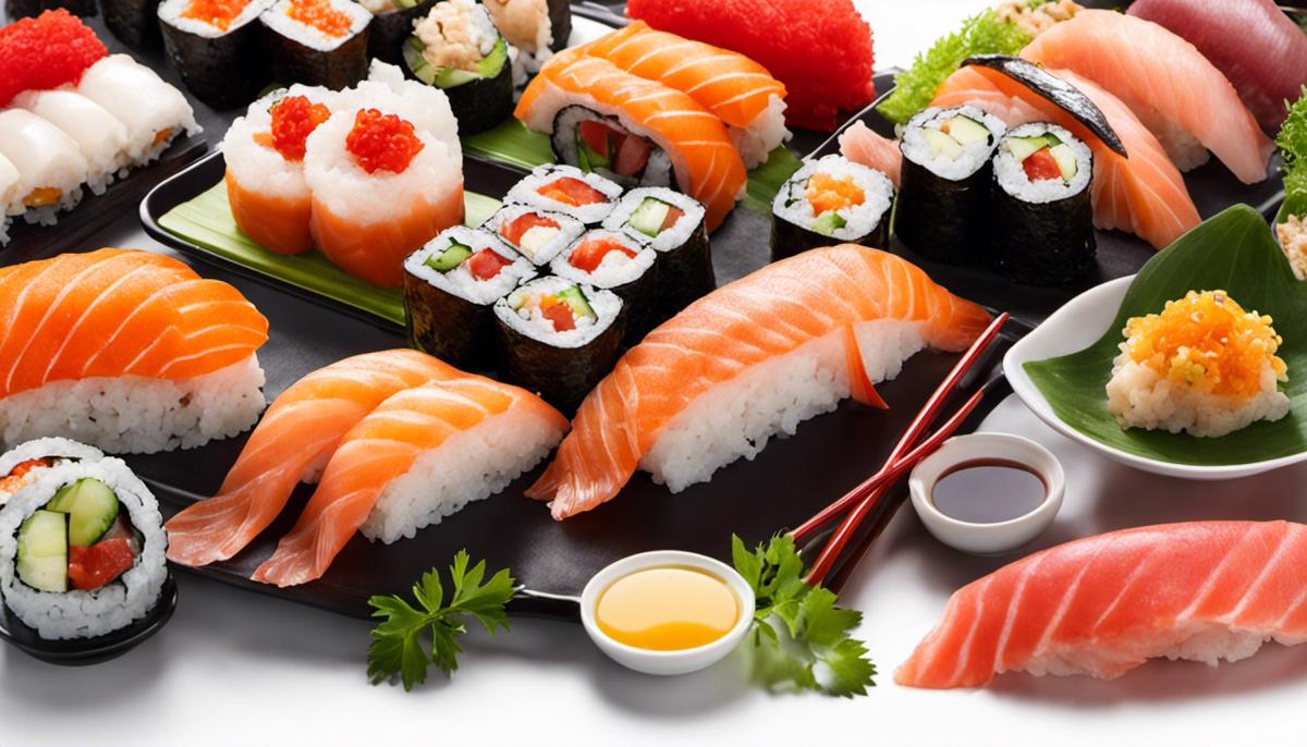 Una variedad de ingredientes para sushi que incluyen pescado fresco, verduras y salsas.