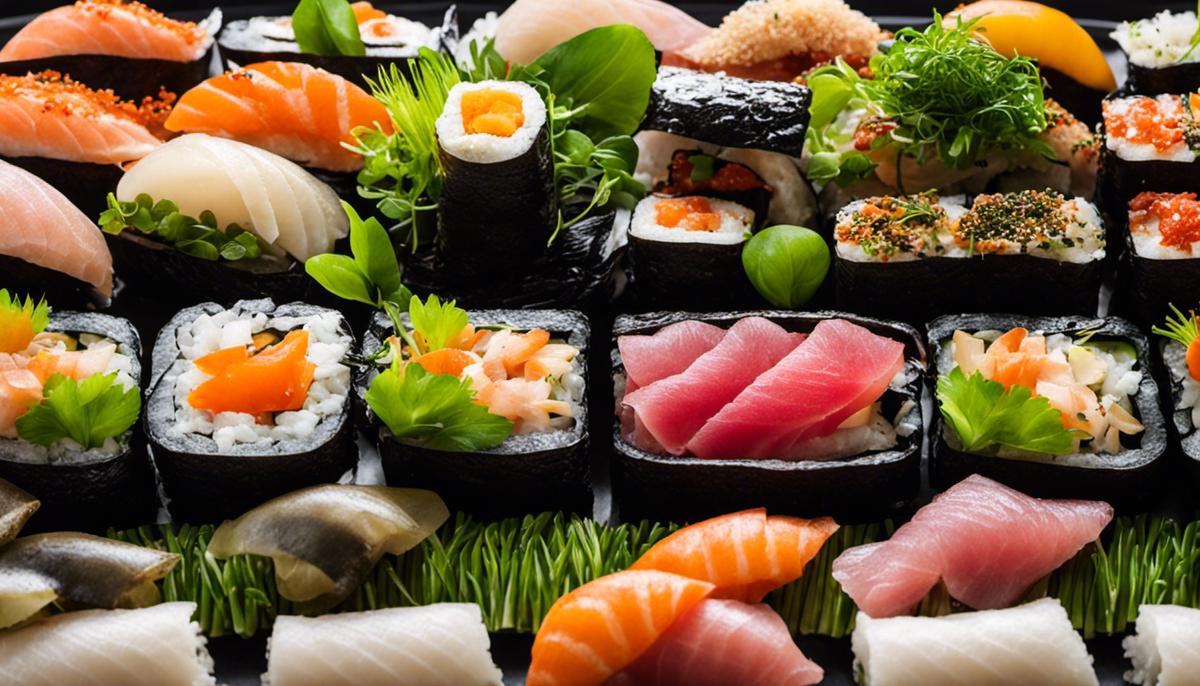 Varios ingredientes coloridos para sushi, incluidos lilamais, kombu, seedrache y micro greens