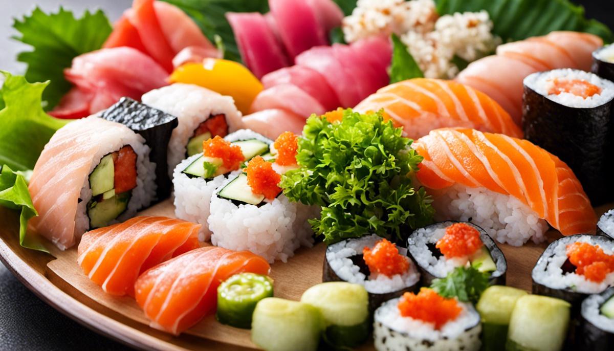 A colorful image of various sushi ingredients such as fish, vegetables, tofu, and condiments, beautifully arranged on a plate.