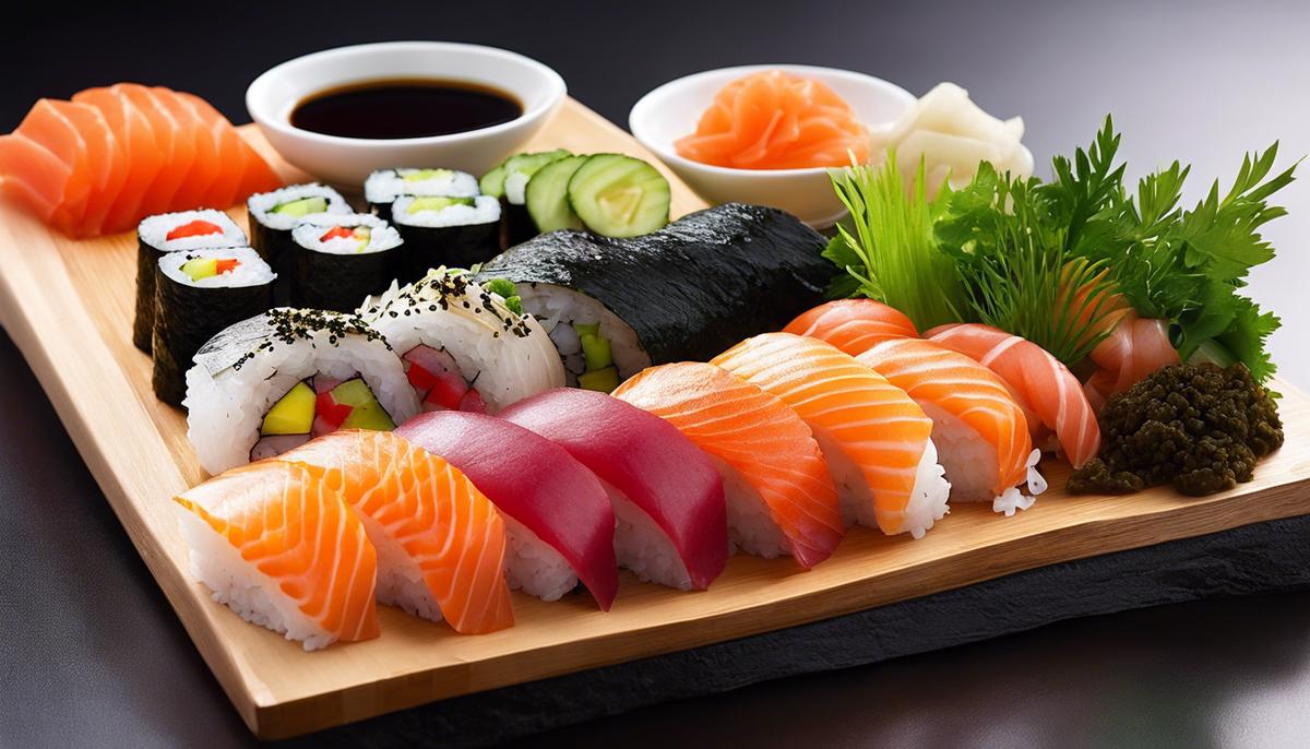 Una variedad de ingredientes frescos que se usan comúnmente en el sushi, que incluyen arroz, pescado, nori, wasabi, jengibre y salsa de soja.
