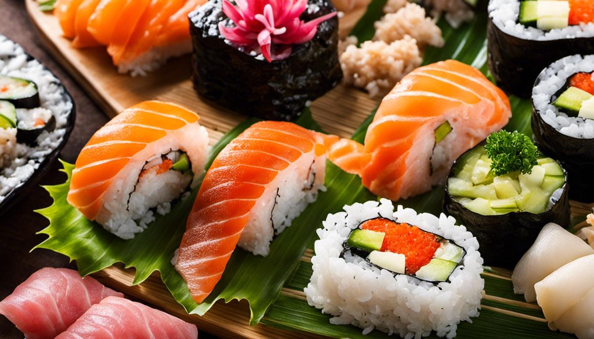 Una fotografía de varios ingredientes del sushi, como pescado, arroz y algas, que muestra los colores vibrantes y la frescura de los ingredientes.