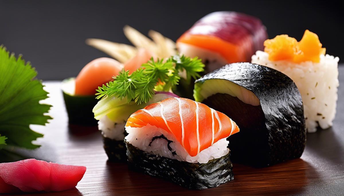 Bild eines innovativen Sushi-Gerichts mit verschiedenen exotischen Zutaten und ansprechender Präsentation