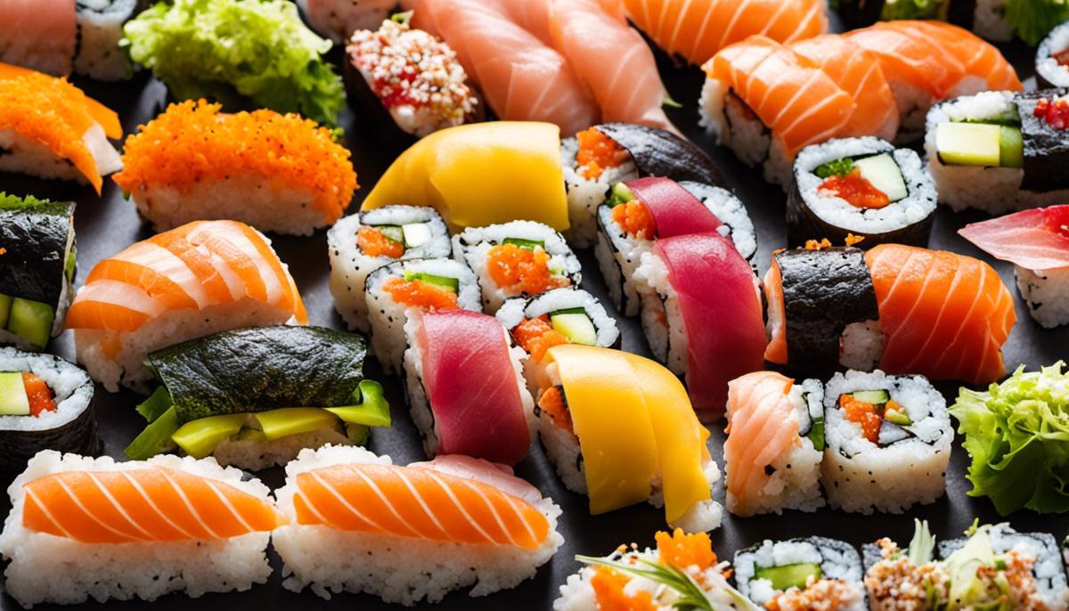 Una imagen vibrante de rollos de sushi con rellenos coloridos, que muestra la naturaleza innovadora y artística de la cocina de sushi