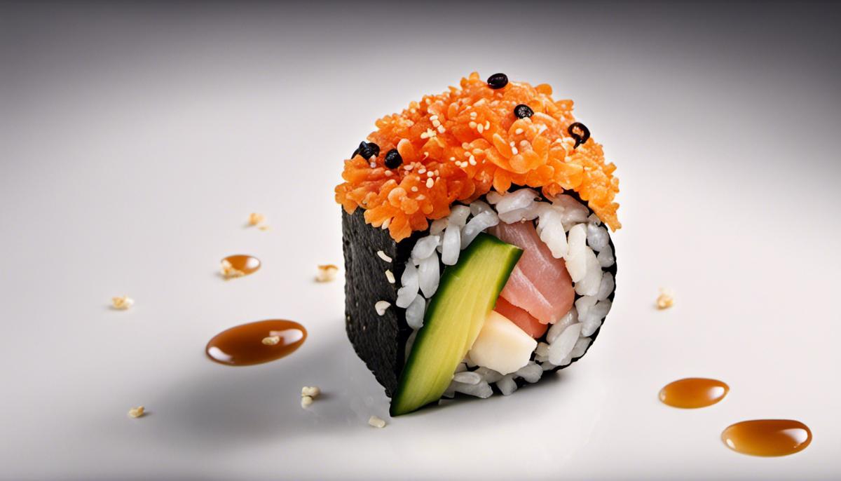 Un delicioso rollo de sushi con varios ingredientes, que muestra el equilibrio entre el sabor y los beneficios para la salud.