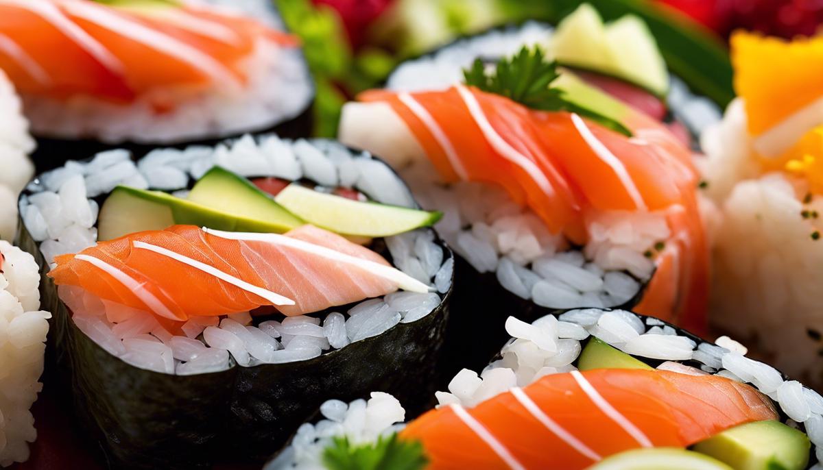 Una imagen en primer plano de sushi con carne de cangrejo, mostrando sus colores vibrantes y su apariencia apetitosa.