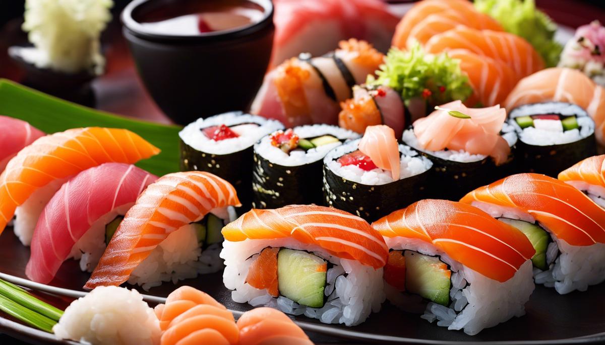 Image of a plate of sushi with a variety of rolls and sashimi.