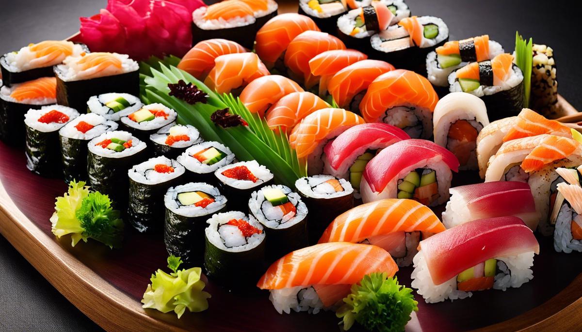 Imagen de un hermoso plato de sushi con varios tipos de rollos de sushi, que muestra la creatividad y el arte de la elaboración del sushi.