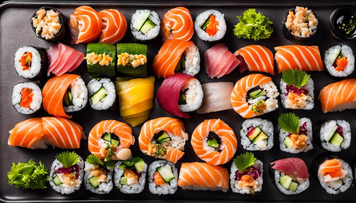 Un plato de rollos de sushi, que muestra sus colores vibrantes y diversos ingredientes.