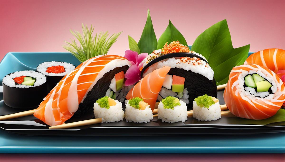 A stylishly presented plate of sushi with a variety of vibrant colors and shapes.