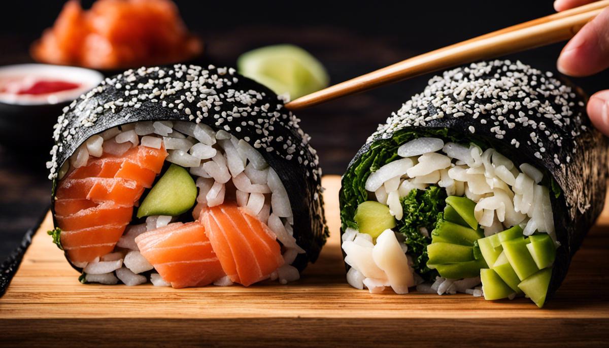 Imagen de un rollo de sushi que se está haciendo, mostrando los distintos pasos involucrados en el proceso