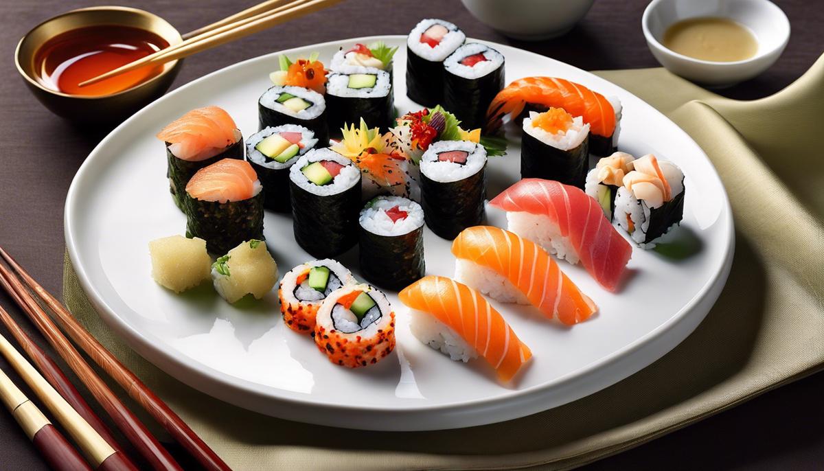 Una imagen de sushi con un tema musical, que presenta el sushi como símbolo de lujo, sofisticación y alegría.