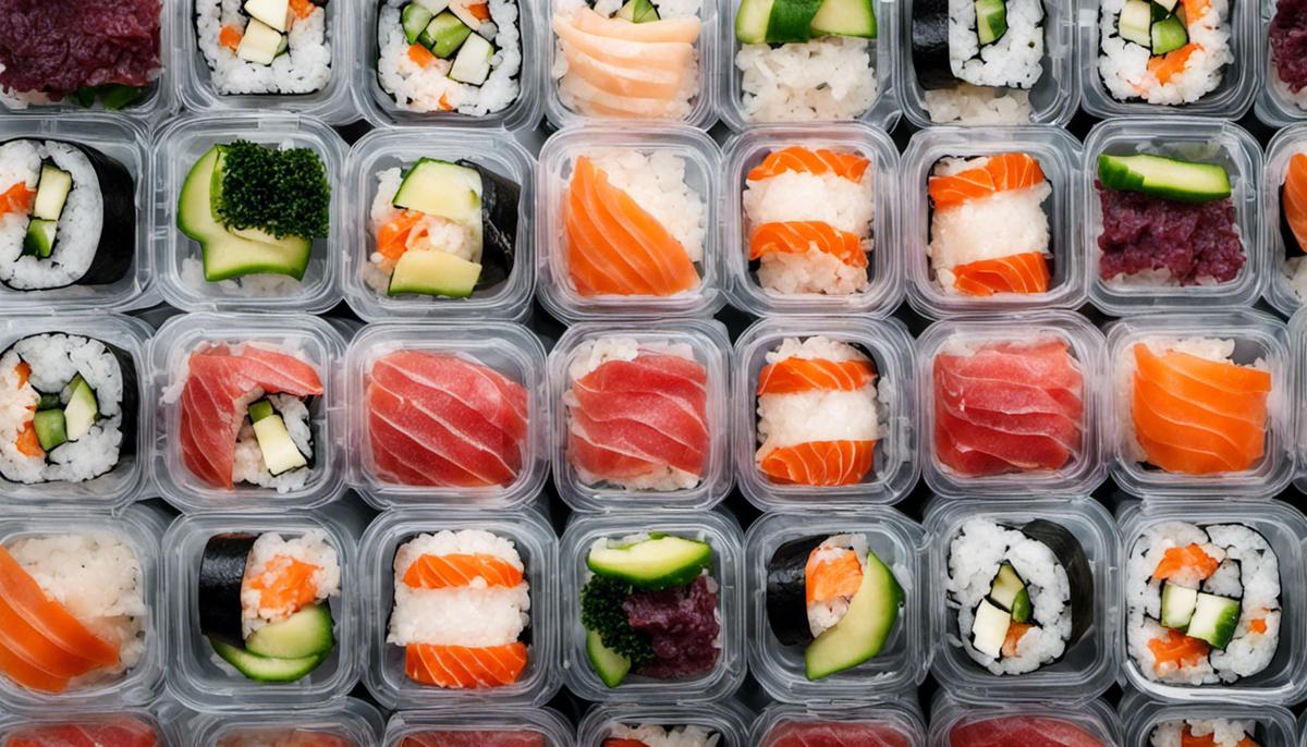 Imagen de rollos de sushi debidamente empaquetados en una envoltura de plástico dentro de un recipiente hermético para mantener la frescura