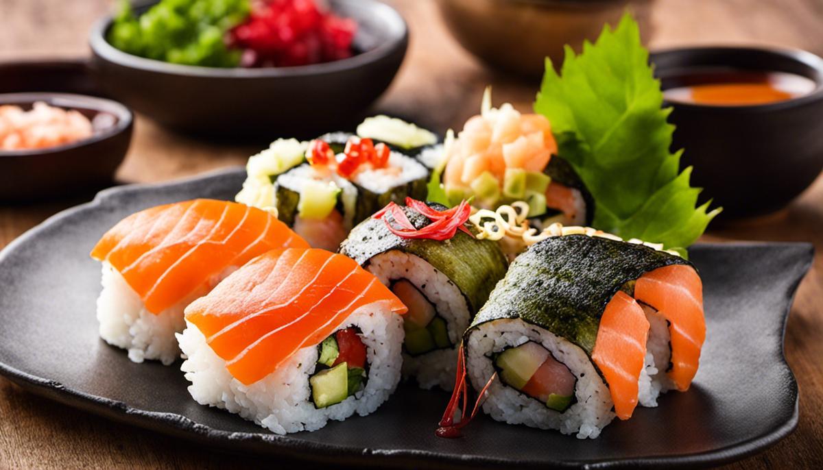 Un plato de rollos de sushi con varios maridajes, que muestra la variedad de sabores y combinaciones que pueden mejorar la experiencia del sushi.