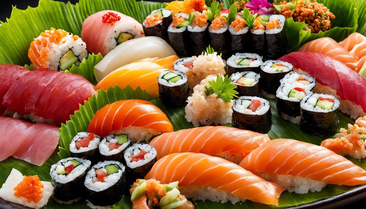 A picture of a colorful and beautifully arranged sushi platter