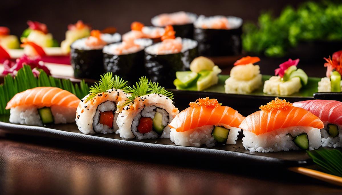 Imagen de una elegante fiesta de sushi con varios rollos de sushi y especias, muy bien dispuestos en un plato para servir.