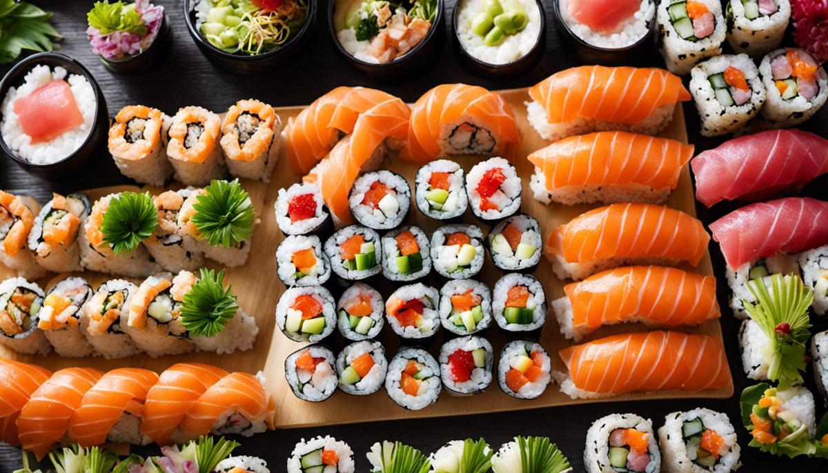 Una mesa llena de rollos de sushi bellamente arreglados, frescos y coloridos, listos para ser comidos en una fiesta de sushi.