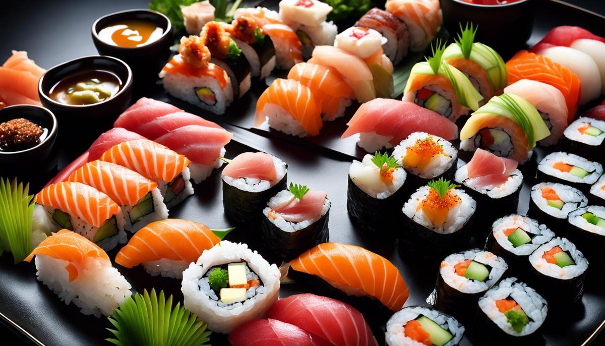 Una imagen de un plato de sushi bellamente presentado con varios tipos de rollos de sushi y sashimi fresco en exhibición en un elegante ambiente de fiesta.