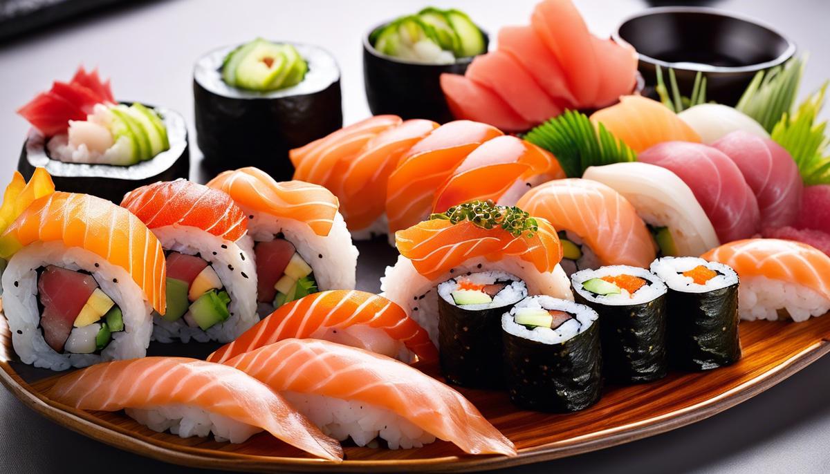 Una imagen de un plato de sushi con varios tipos de rollos de sushi y sashimi, bellamente arreglados y adornados.