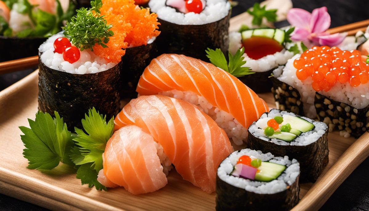 Un plato de sushi bellamente arreglado con varios rollos de sushi, adornado con hierbas frescas, jengibre en escabeche, puntos de wasabi y coloridas perlas de caviar.