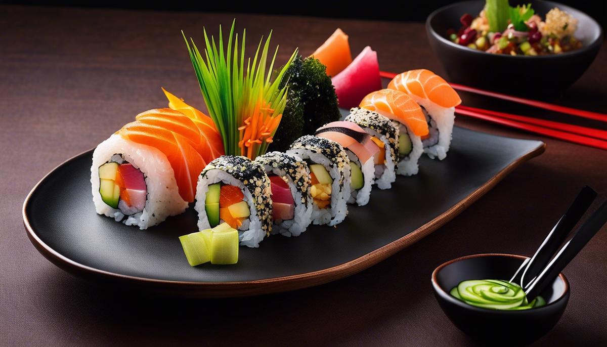 Un plato de sushi visualmente atractivo con ingredientes de temporada cuidadosamente dispuestos que incluyen colores vibrantes y texturas únicas.