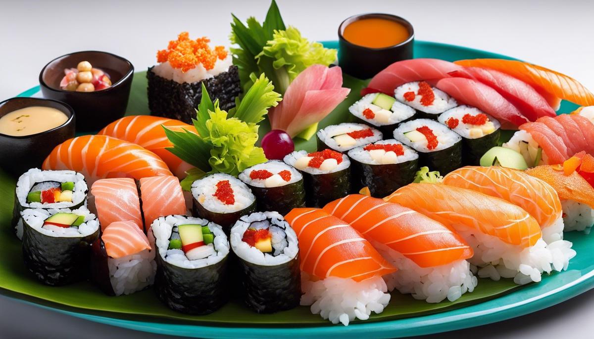 Un plato de sushi bellamente arreglado con ingredientes coloridos y varias texturas.