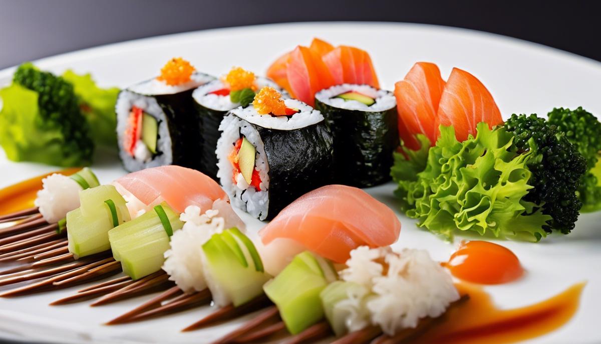 Un plato de sushi bellamente emplatado con ingredientes de temporada