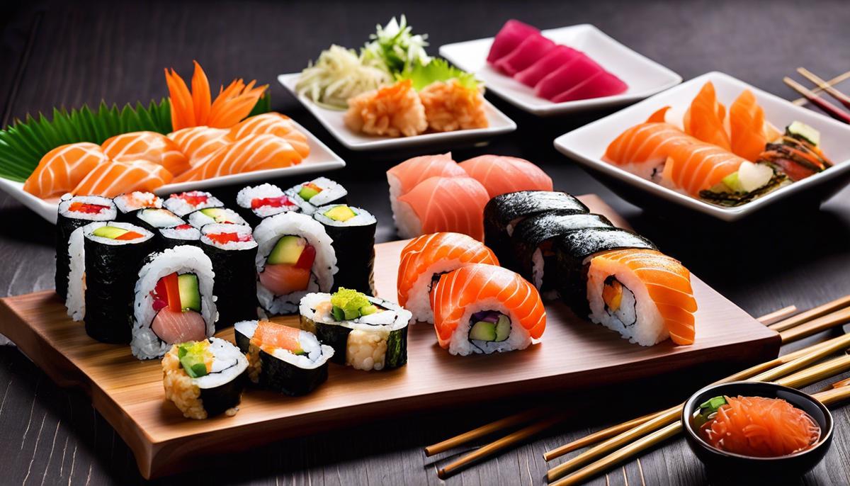 Una imagen de un opulento plato de sushi que ilustra la riqueza, el esplendor estético y la influencia del sushi en la cultura pop.