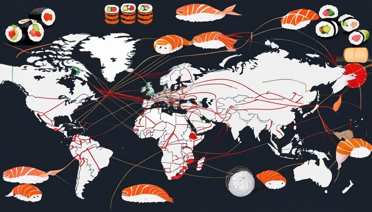 Imagen que muestra la popularidad del sushi en todo el mundo, con diferentes países resaltados y conectados con líneas para indicar su alcance global.