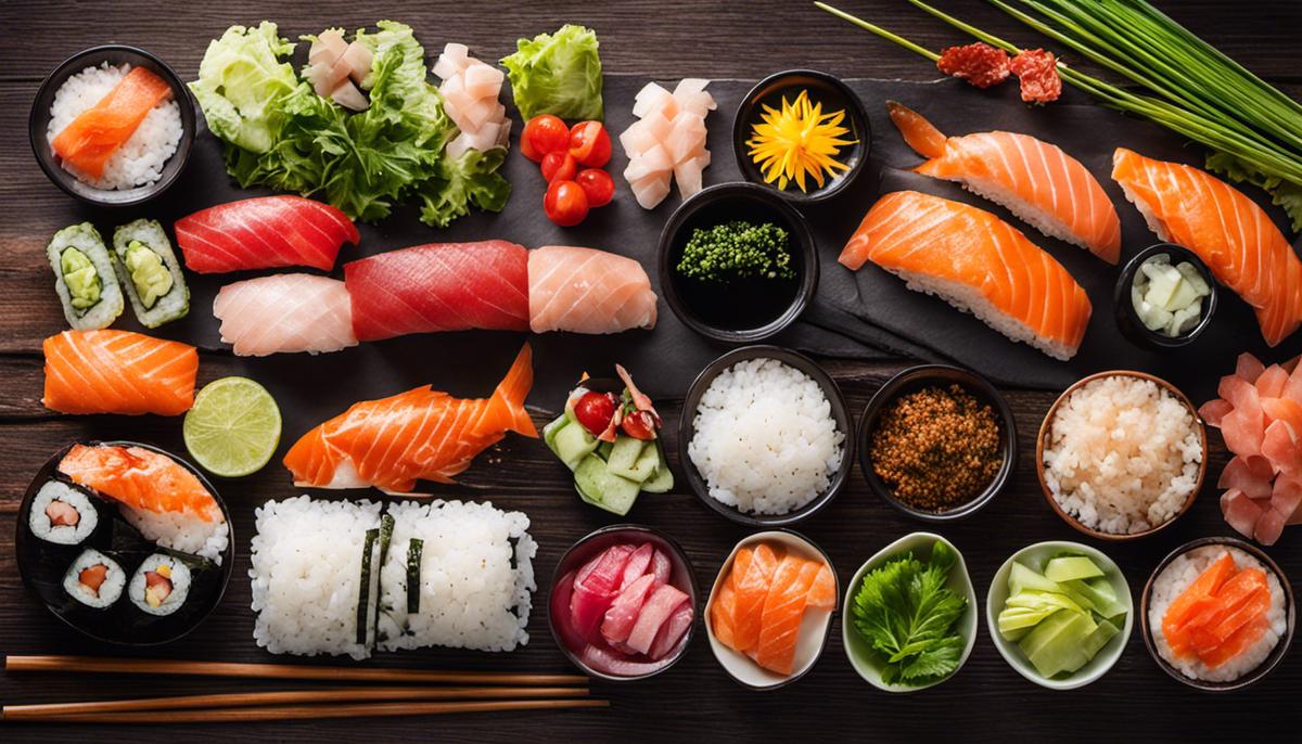 Una representación visual de varios ingredientes de sushi, incluidos arroz, pescado, verduras y condimentos, listos para ser preparados en rollos de sushi.