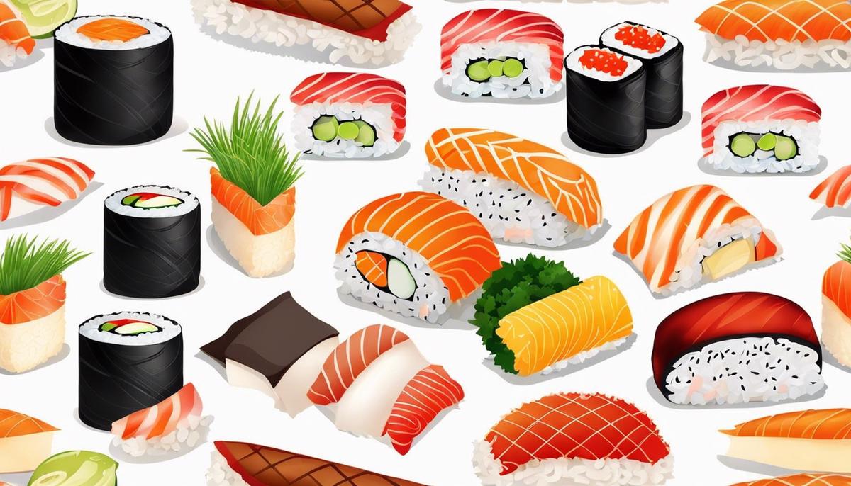 Descripción de la imagen: Ilustración de varios rollos de sushi, que muestran la presentación colorida y artística