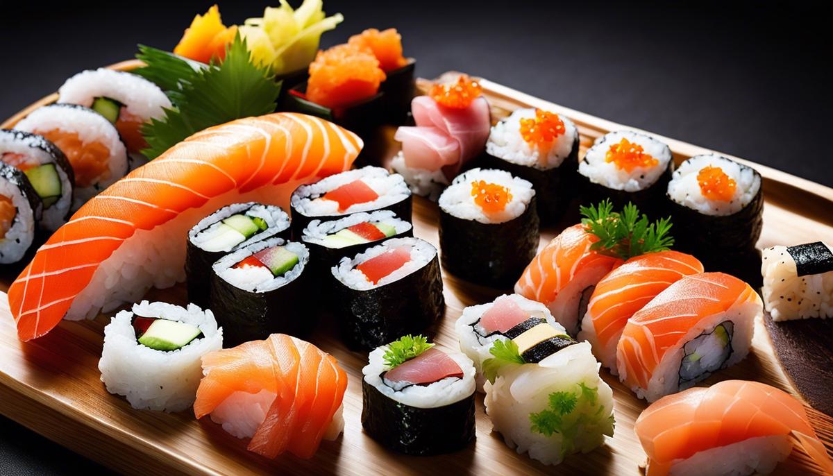 Imagen de una preparación de sushi impecable con diferentes tipos de sushi en una fuente de sushi estéticamente dispuesta