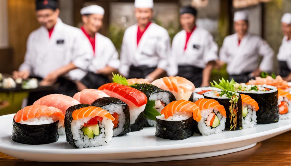 Imagen de un plato de sushi bellamente arreglado con varios rollos de sushi y guarnición.