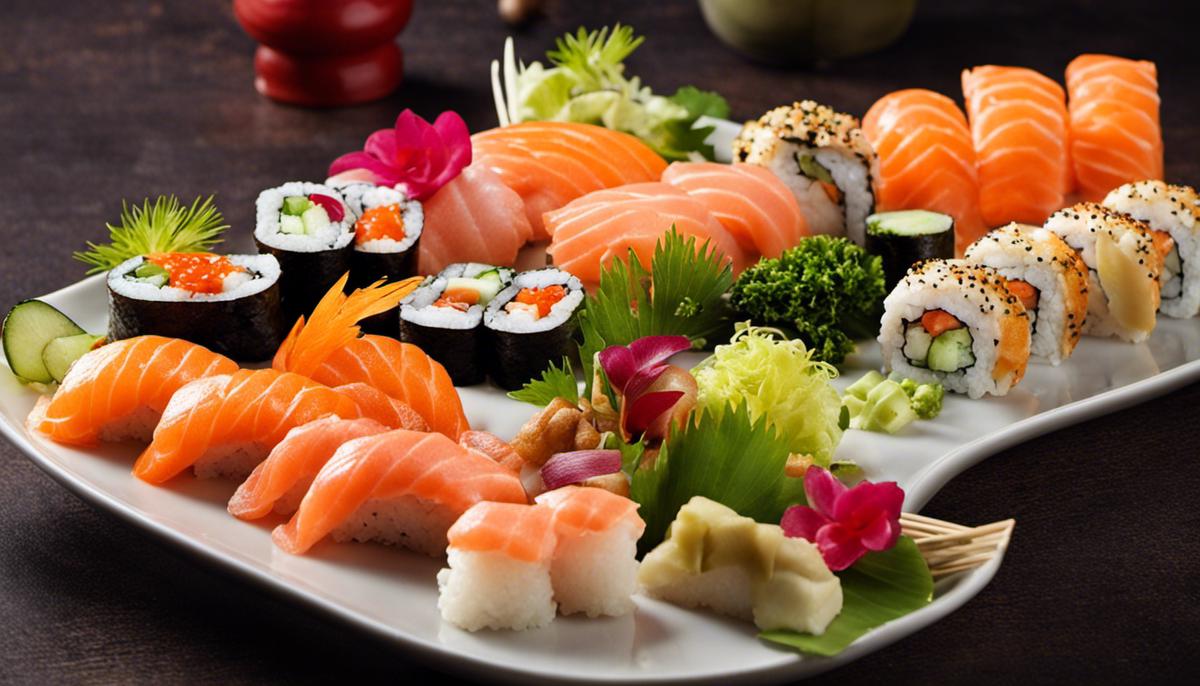 Un plato de sushi visualmente atractivo con colores vibrantes e ingredientes de guarnición, como jengibre y wasabi, para mejorar su atractivo visual.