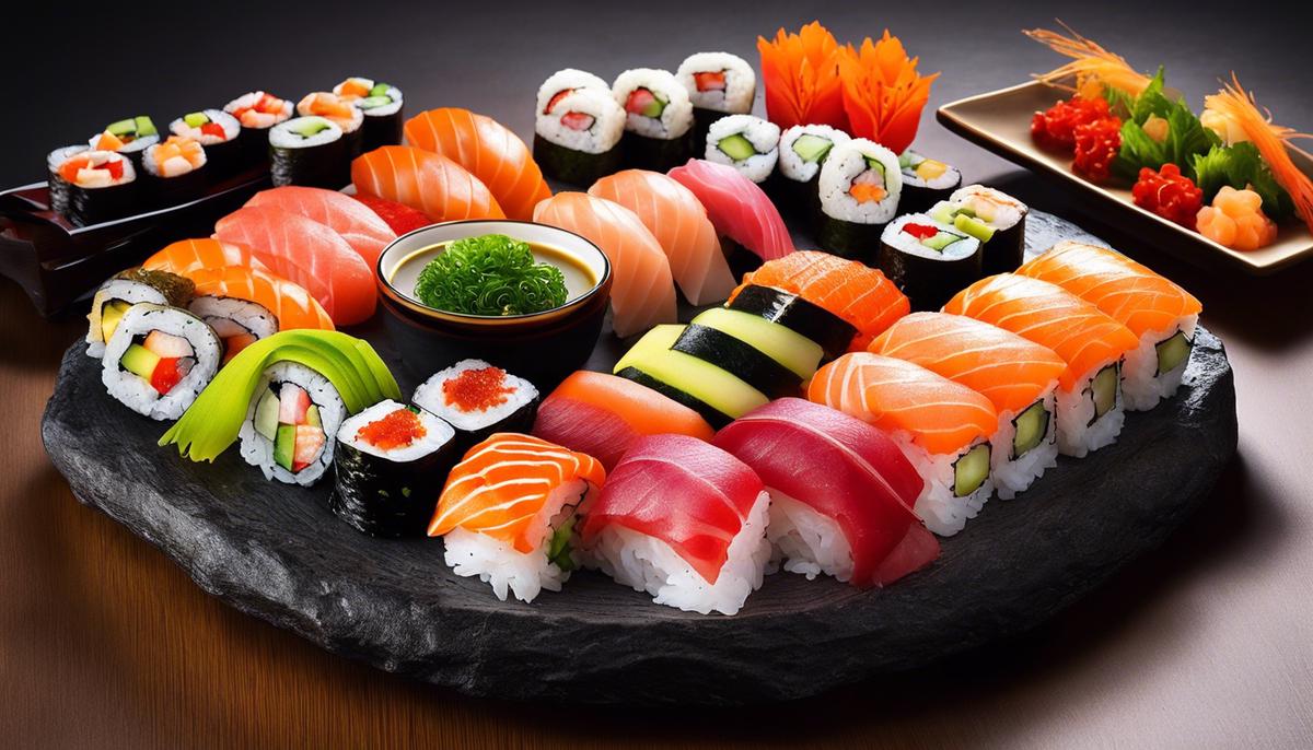 Imagen de un plato de sushi bellamente arreglado con colores vibrantes y detalles meticulosos.