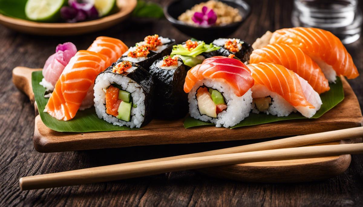 Imagen de un plato con sushi sobre una mesa de madera