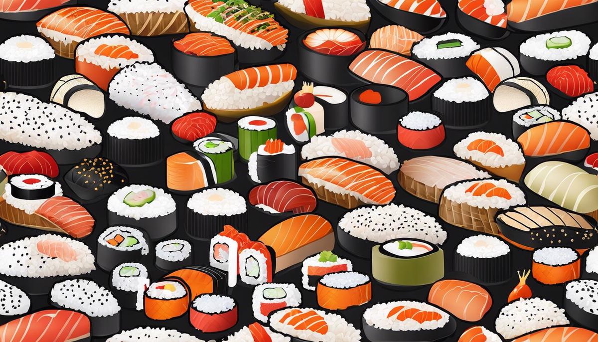 A picture of sushi rice with dashes instead of spaces