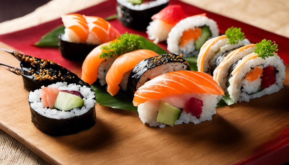 Sushi mit glänzendem Reis unter dem sanften Einfluss des Reisessigs