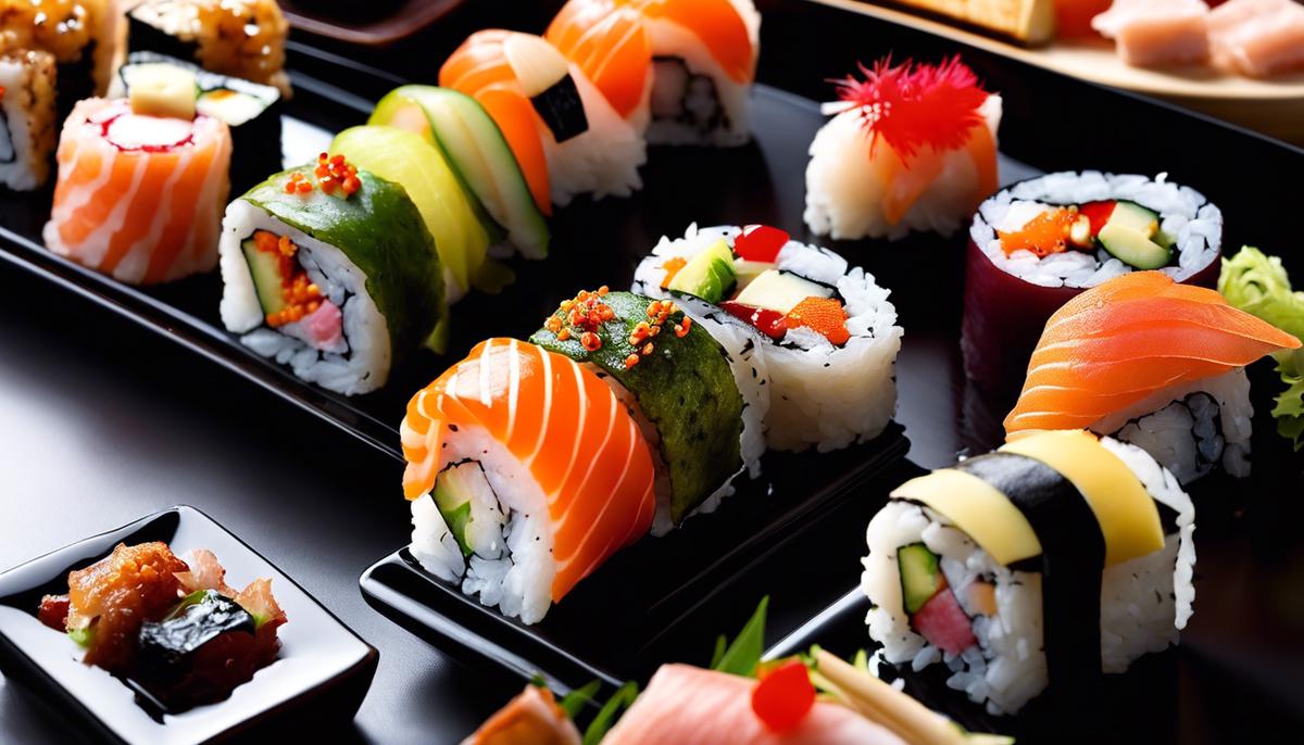 Una foto de un plato de sushi bellamente presentado con varios rellenos coloridos y rollos de sushi.