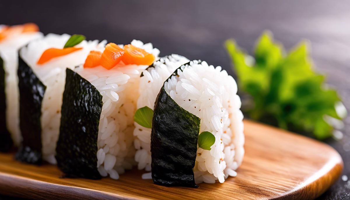 Una imagen en primer plano de arroz de sushi, perfectamente cocido y sazonado, listo para ser utilizado para la preparación de sushi