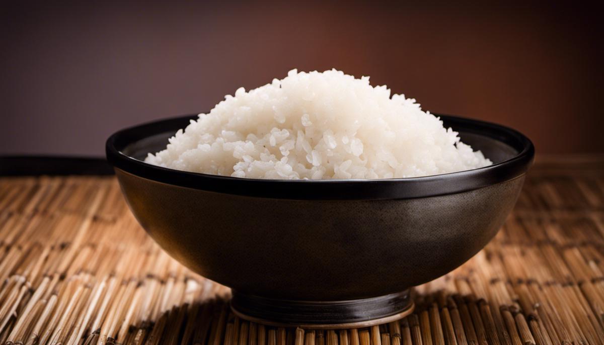 Un bol de arroz de sushi perfectamente cocido con una textura impecable, listo para ser utilizado para hacer deliciosos rollos de sushi