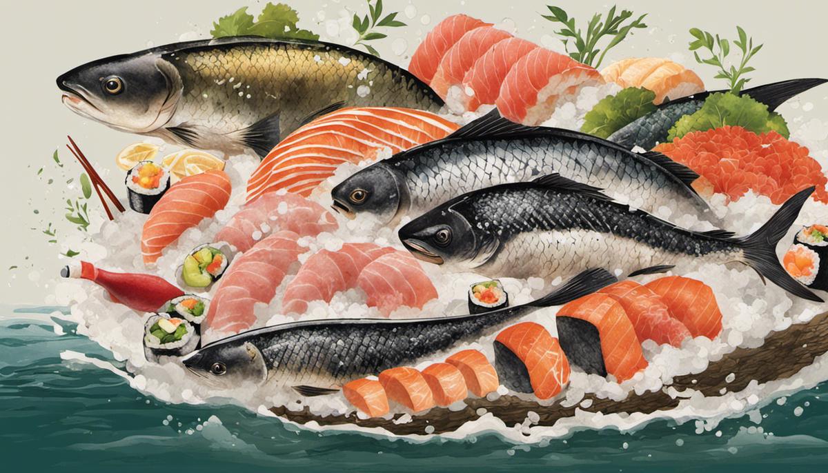 Image describing the risks of consuming sushi: Anisakis infection, accumulation of pollutants like mercury, and lack of awareness regarding sustainable fishing practices.