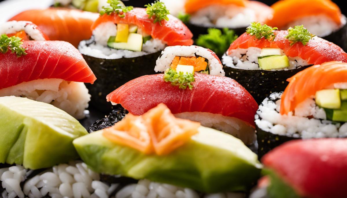 Un rollo de sushi visualmente atractivo con ingredientes coloridos y cortes precisos.
