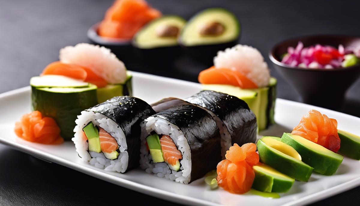 A picture of a sushi roll with salmon, avocado and vegetables. The image shows an artfully rolled sushi ready to be enjoyed.
