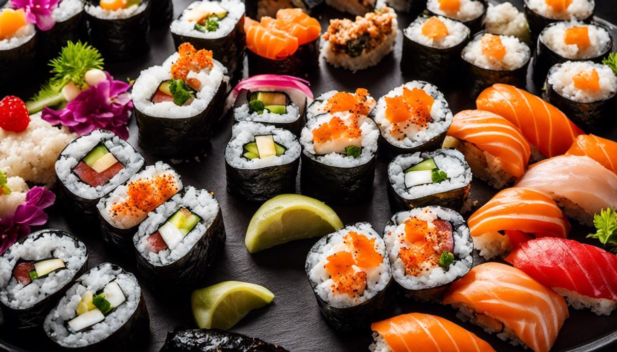 Bild von verschiedenen Sushi-Rollen, die auf einem Teller serviert werden.