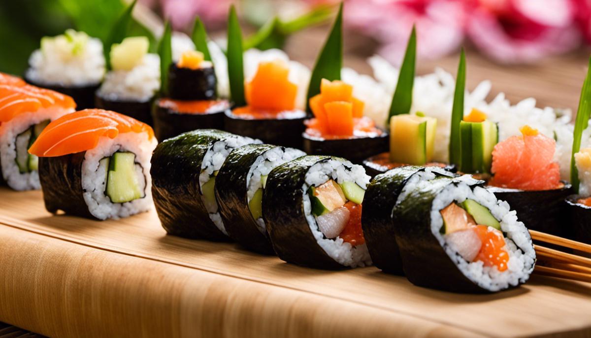 Imagen de un rollo de sushi perfectamente presentado que ilustra los diferentes colores y el equilibrio del plato.
