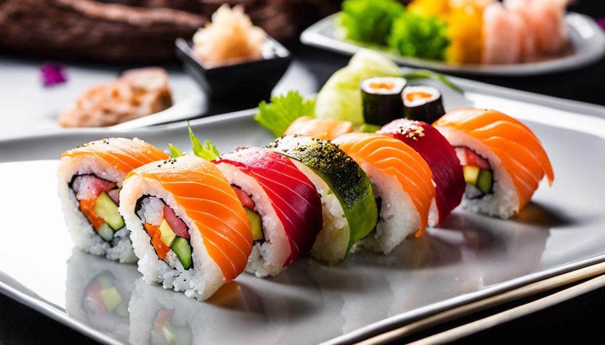 Una colorida variedad de rollos de sushi cuidadosamente dispuestos en un plato